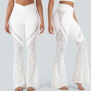 🌷Halara Crossover Waist Lace Flared Yoga Pant Leggings - White 30 inseam